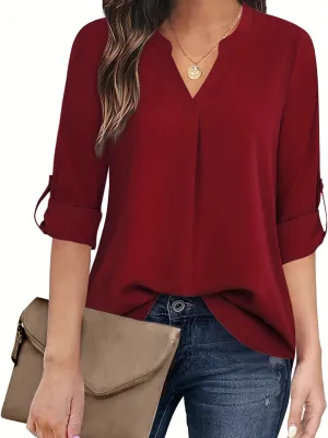 Purpdrank Chic Solid V-Neck Blouse - Fashionable simplicity for Women - Relaxed Casual Long Sleeve Style