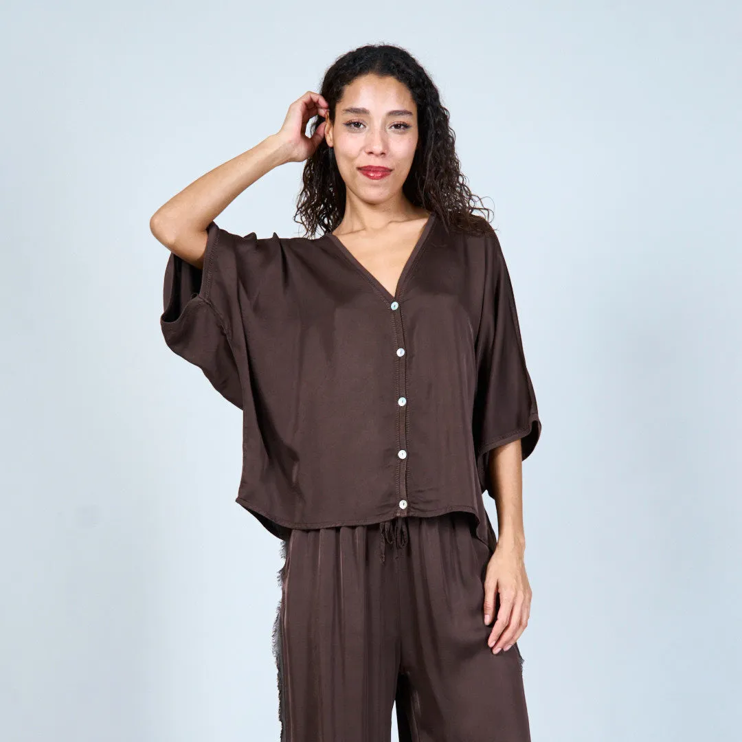 Relaxed v-neck button-down blouse wholesale