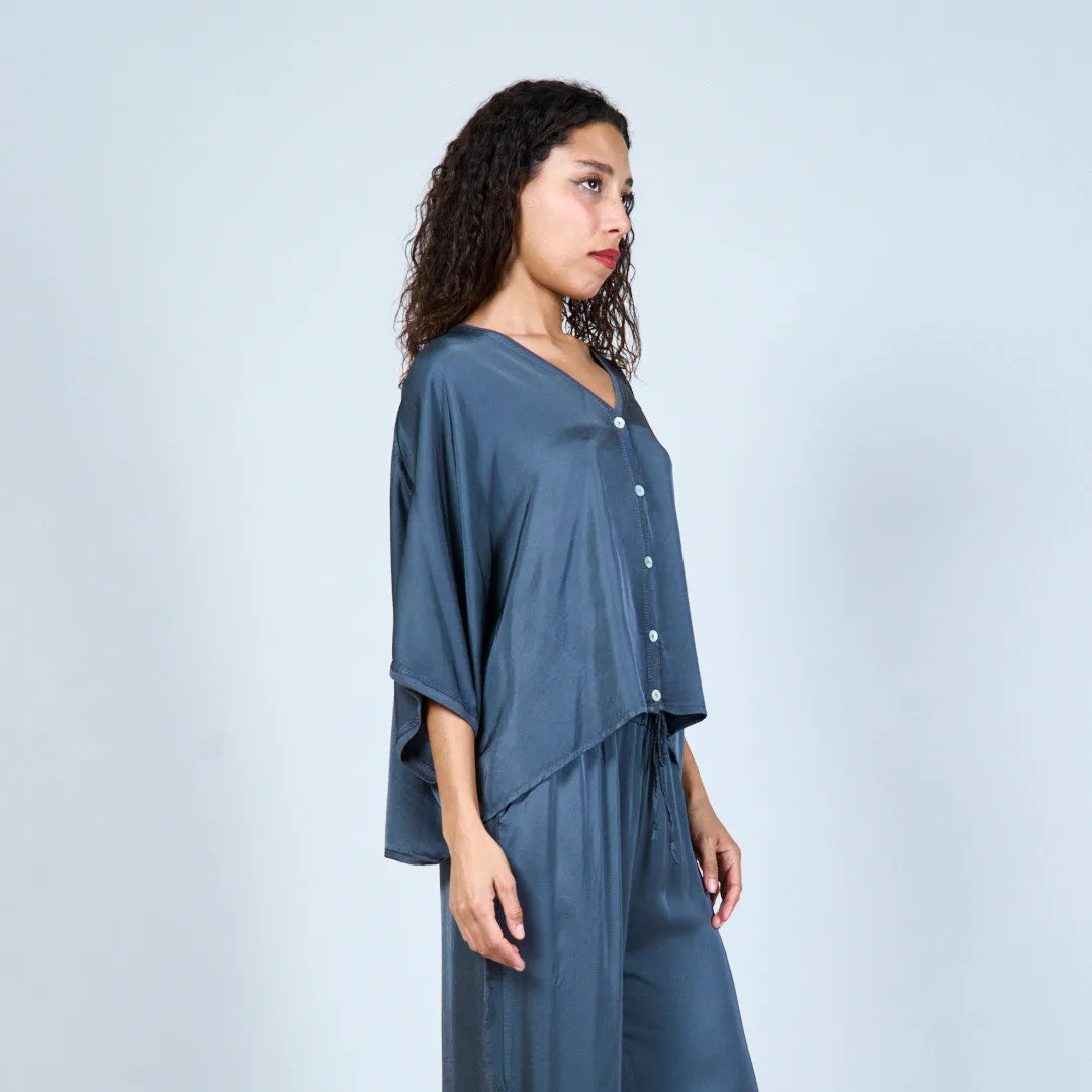 Relaxed v-neck button-down blouse wholesale