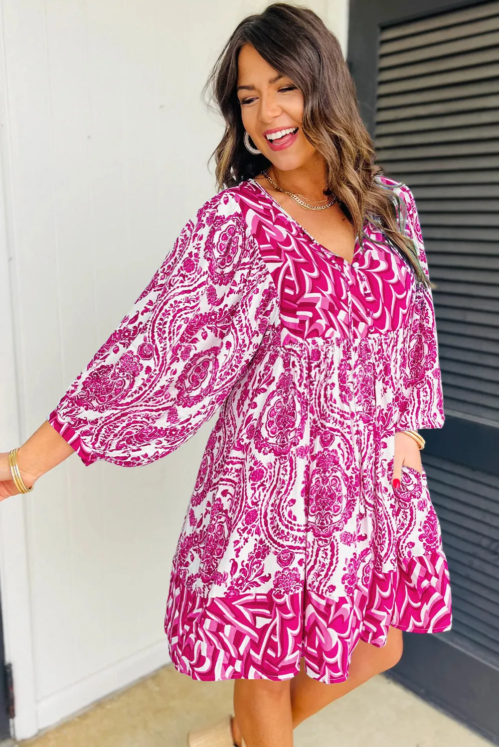 Rose Bohemian Print Puff Sleeve Tied V Neck Flared Mini Dress