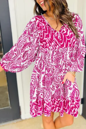 Rose Bohemian Print Puff Sleeve Tied V Neck Flared Mini Dress