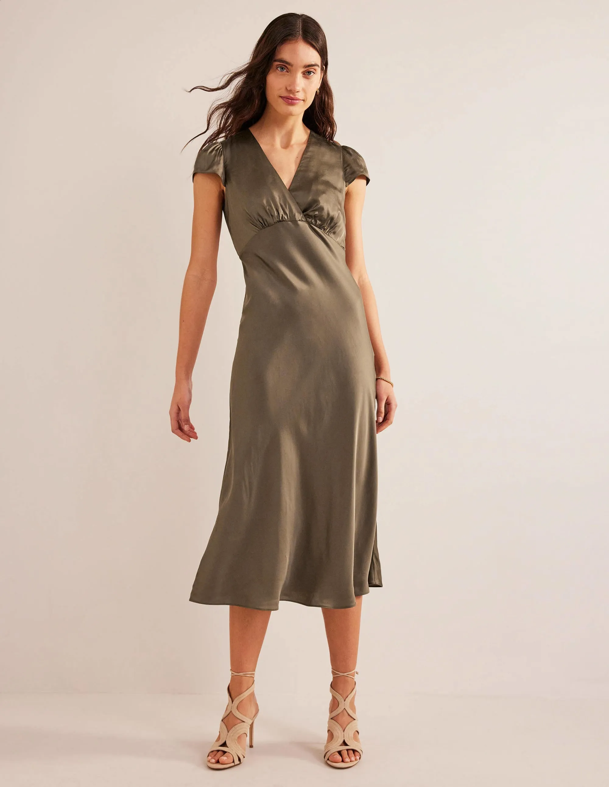 Satin Empire Midi Tea Dress-Khaki