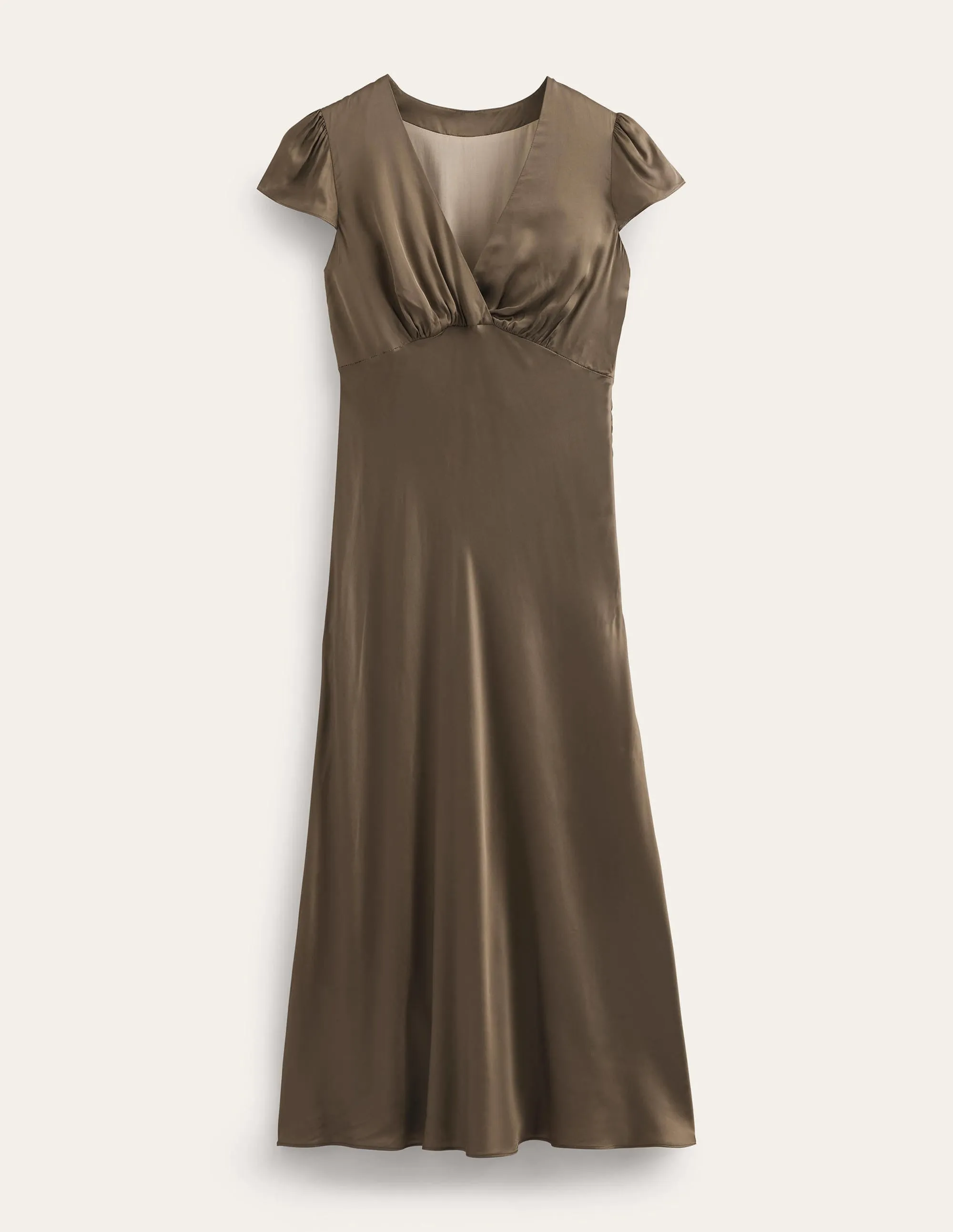 Satin Empire Midi Tea Dress-Khaki