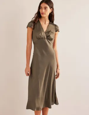 Satin Empire Midi Tea Dress-Khaki