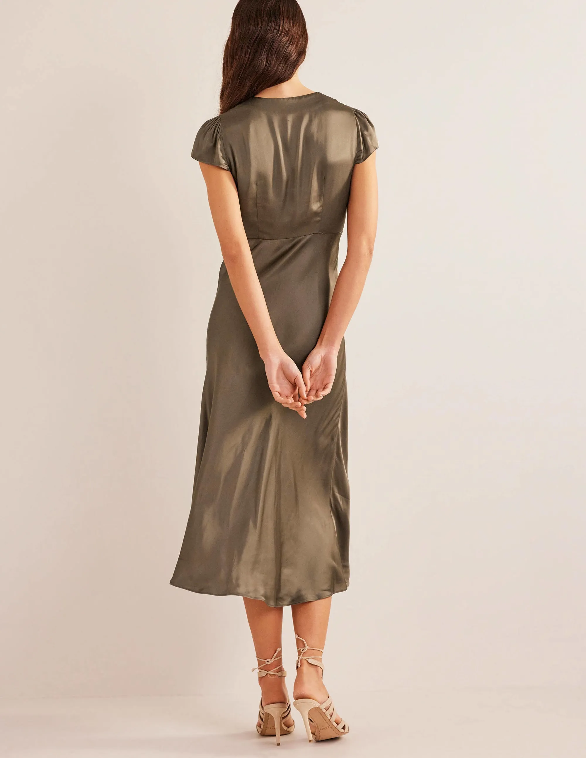 Satin Empire Midi Tea Dress-Khaki