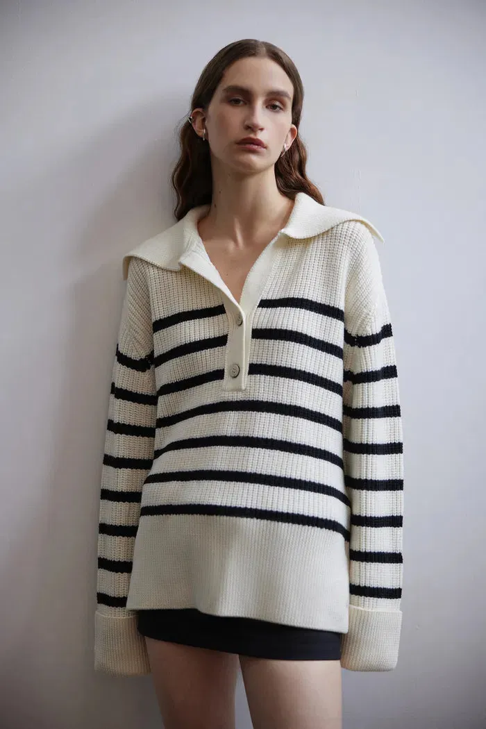 Shelley Striped Oversized Collar Sweater in Wool Knit