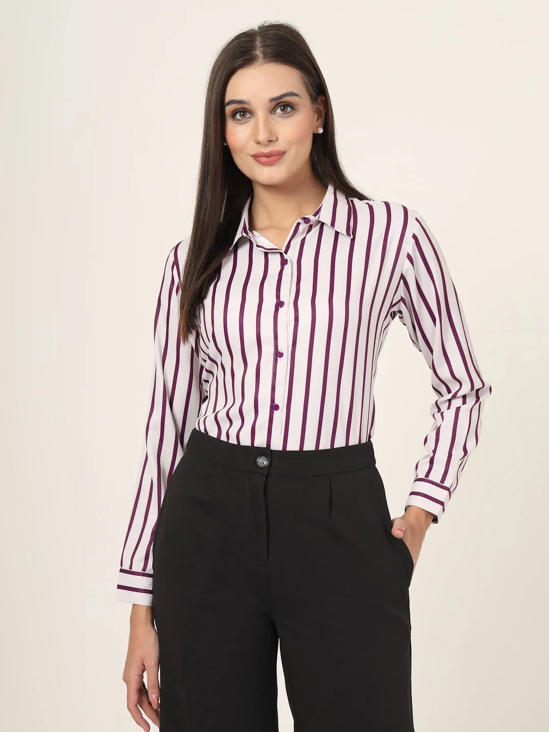 Style Quotient Women Magenta And Off White Stripe Printed Polyester  Regular Fit Formal Shirt