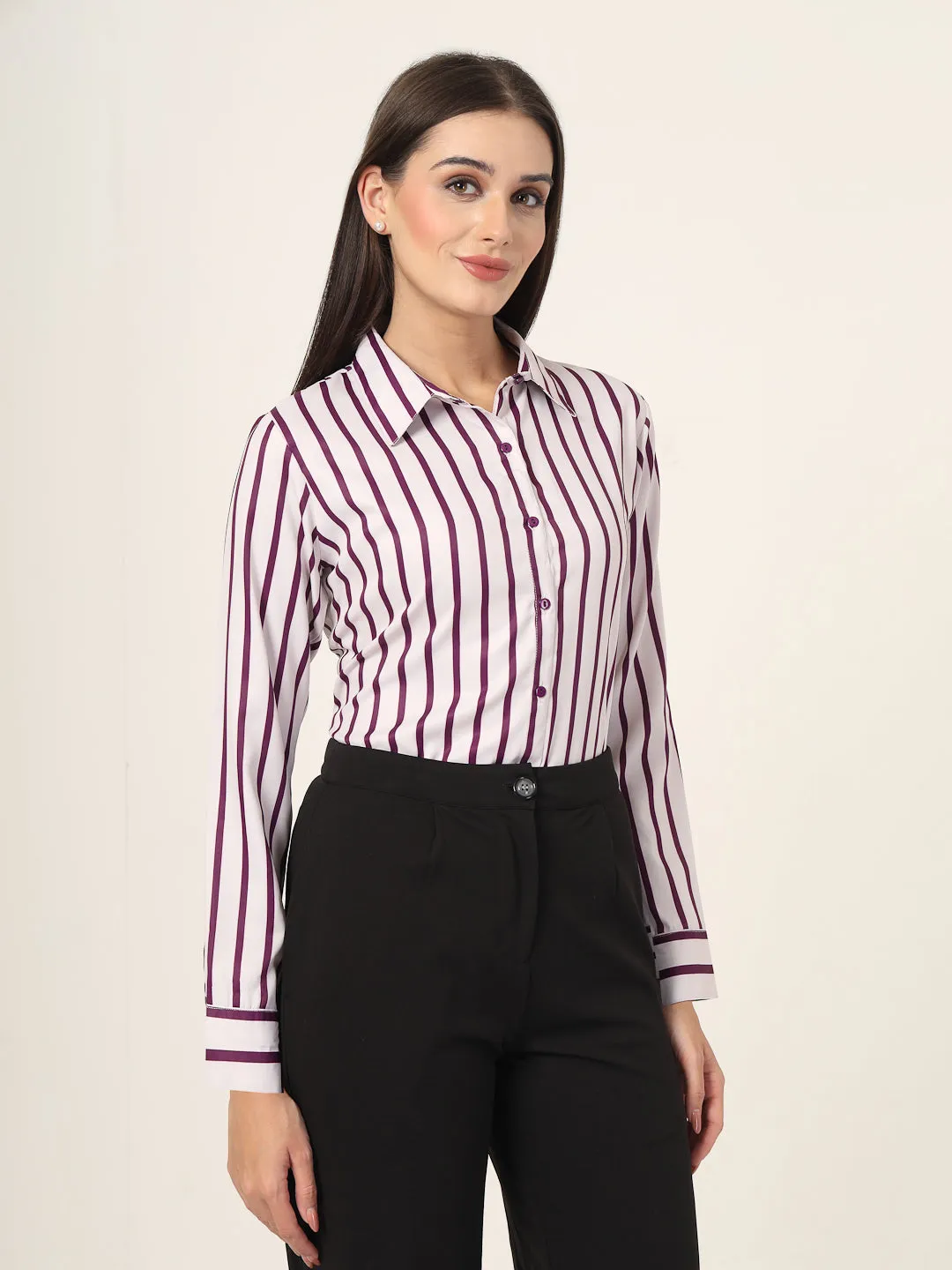 Style Quotient Women Magenta And Off White Stripe Printed Polyester  Regular Fit Formal Shirt