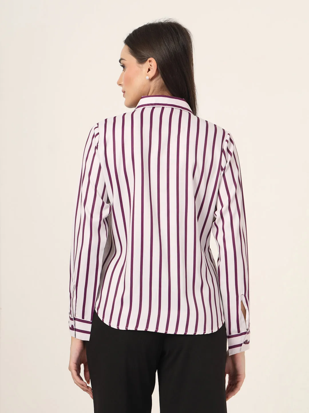 Style Quotient Women Magenta And Off White Stripe Printed Polyester  Regular Fit Formal Shirt