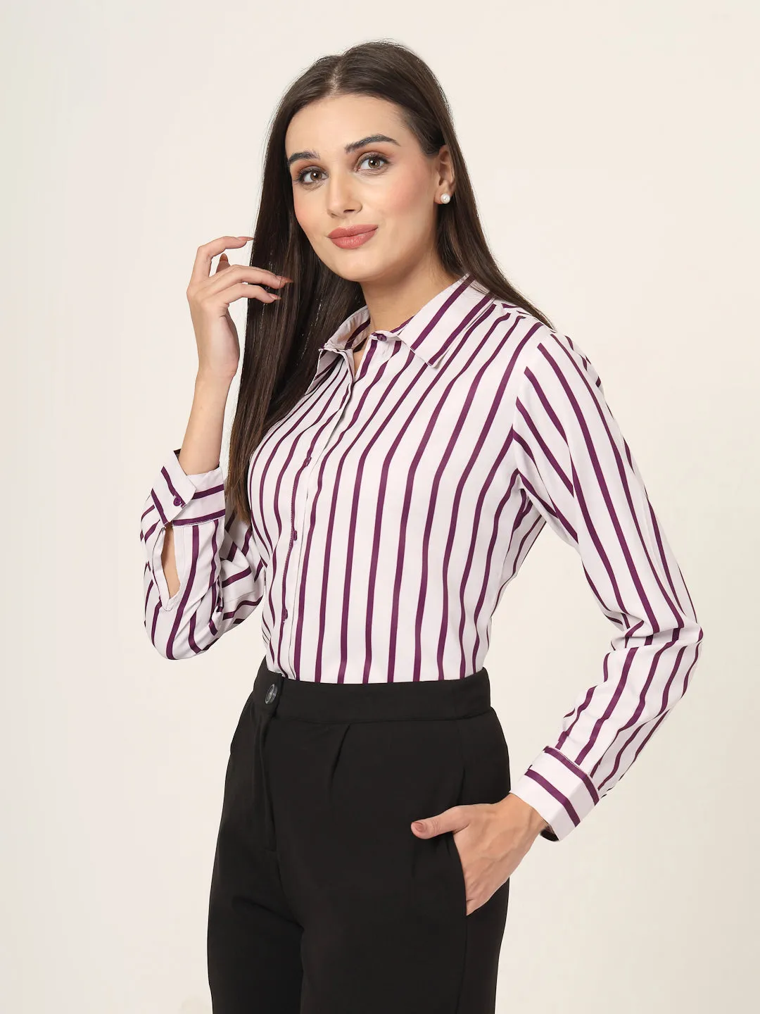 Style Quotient Women Magenta And Off White Stripe Printed Polyester  Regular Fit Formal Shirt