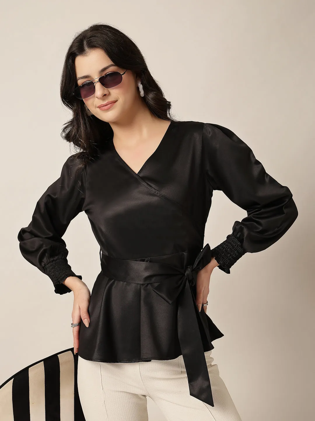 Style Quotient Women Solid Black Satin Regular Fit Smart Casual Top