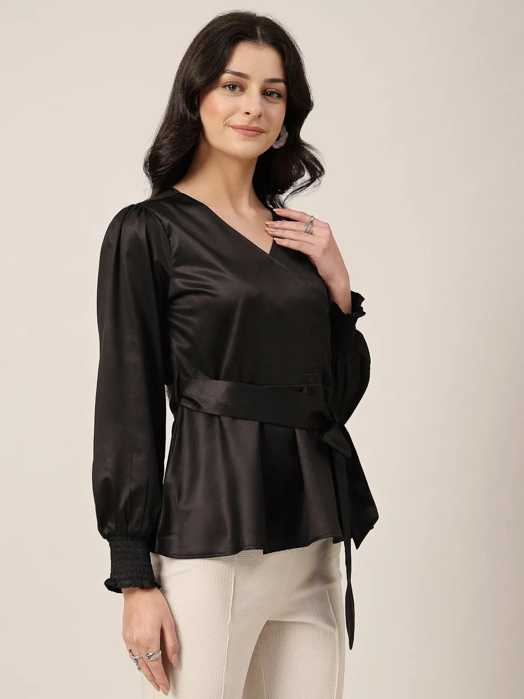 Style Quotient Women Solid Black Satin Regular Fit Smart Casual Top