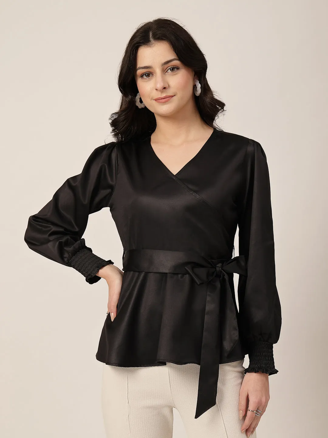 Style Quotient Women Solid Black Satin Regular Fit Smart Casual Top