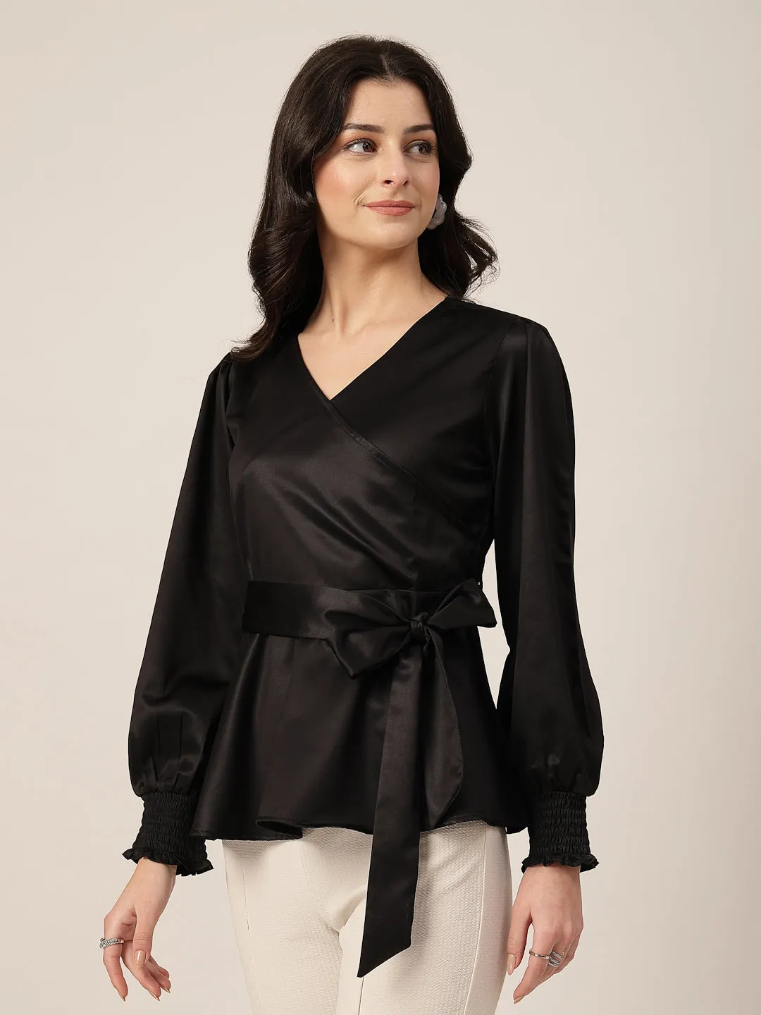 Style Quotient Women Solid Black Satin Regular Fit Smart Casual Top