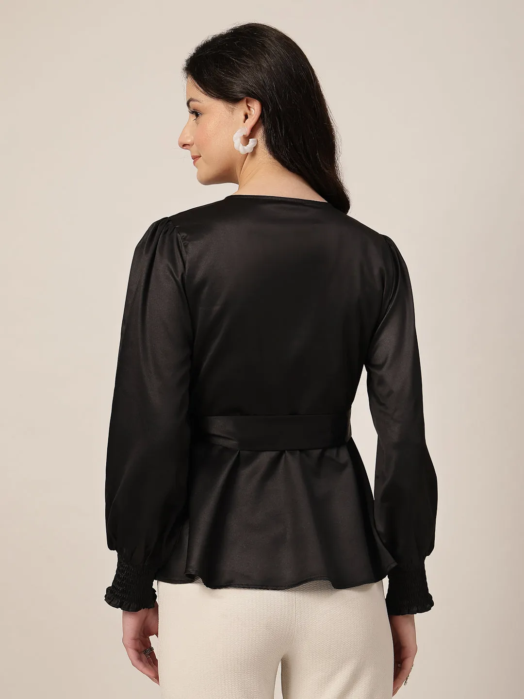 Style Quotient Women Solid Black Satin Regular Fit Smart Casual Top