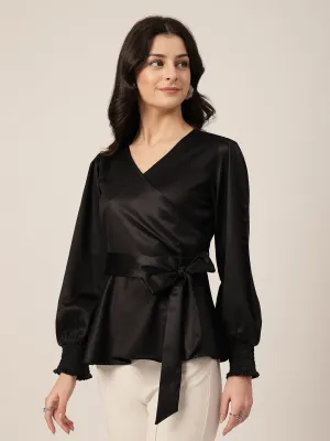 Style Quotient Women Solid Black Satin Regular Fit Smart Casual Top