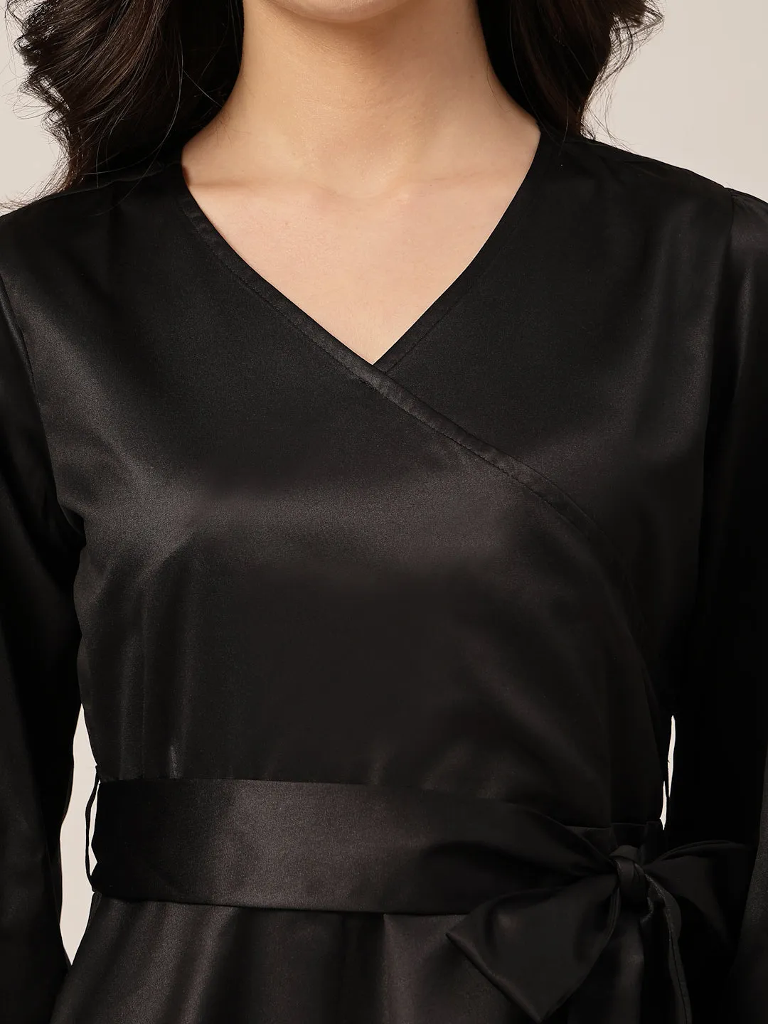 Style Quotient Women Solid Black Satin Regular Fit Smart Casual Top