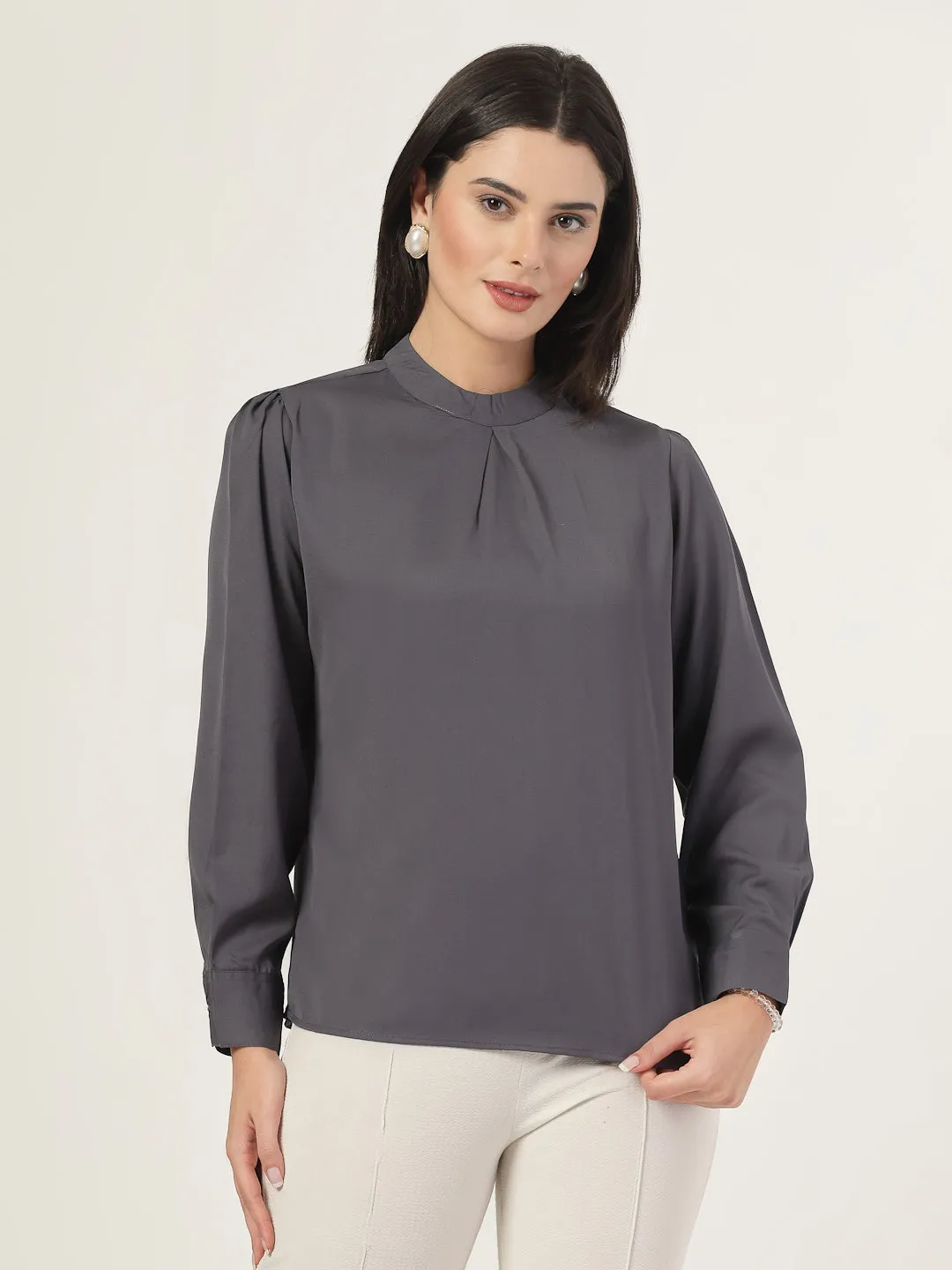 Style Quotient Women Solid Grey Polymoss Regular Pleated Top