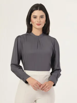 Style Quotient Women Solid Grey Polymoss Regular Pleated Top