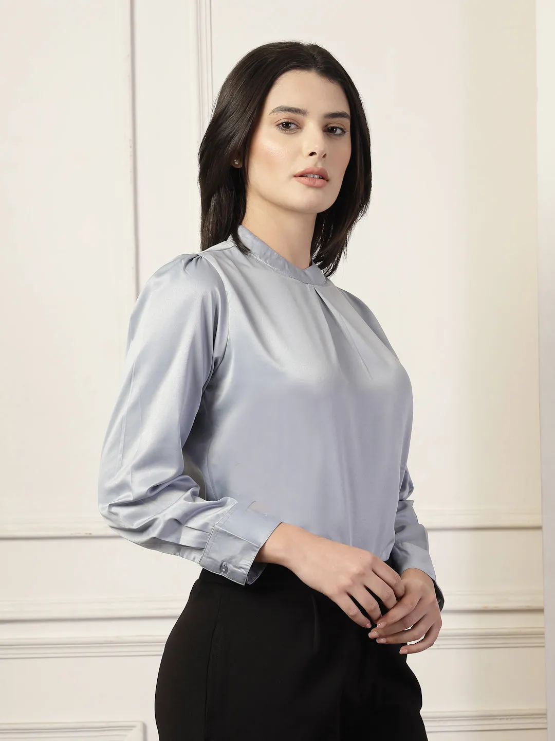 Style Quotient Women Solid Light Grey Satin Regular Pleated Top