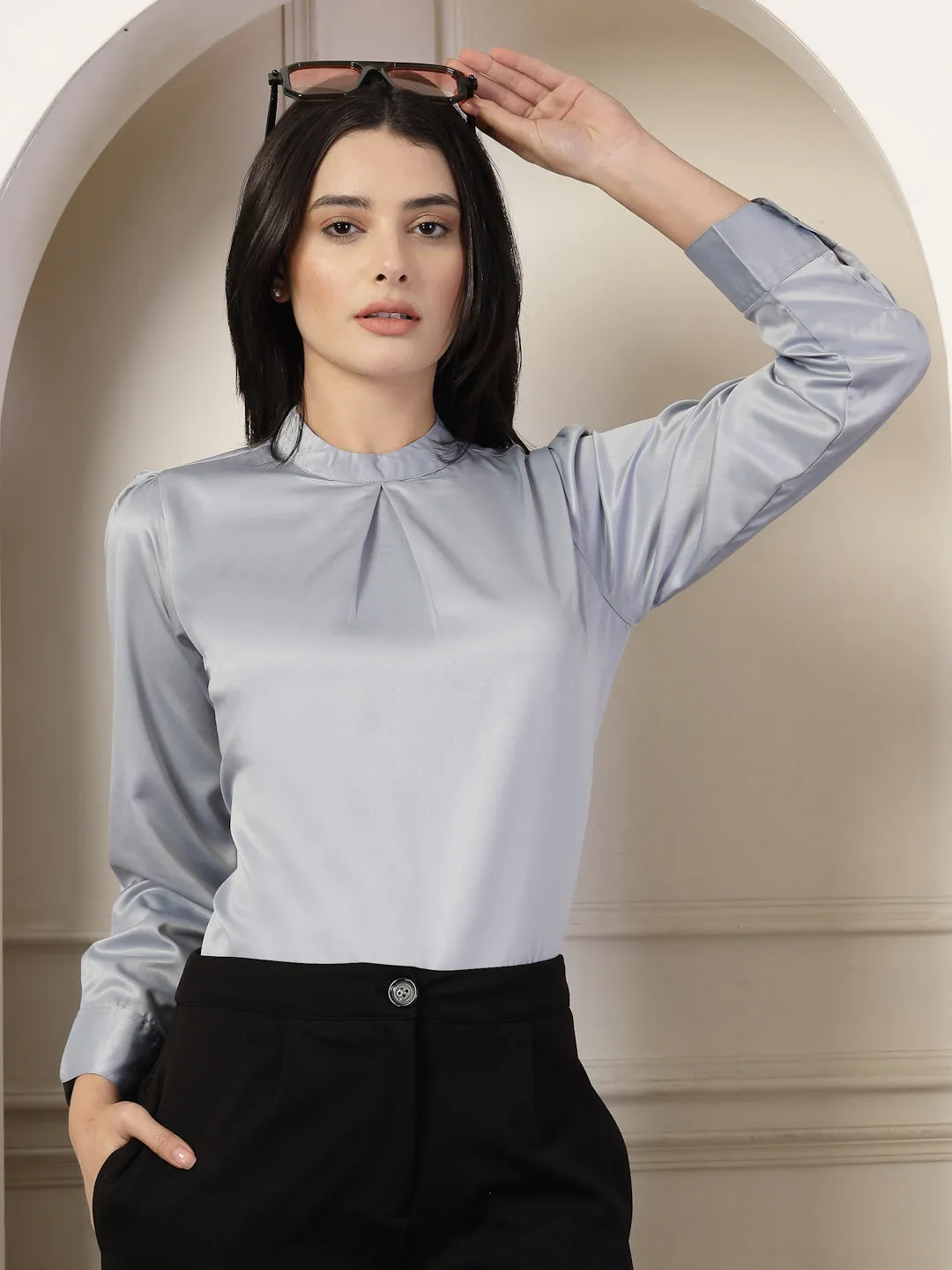 Style Quotient Women Solid Light Grey Satin Regular Pleated Top