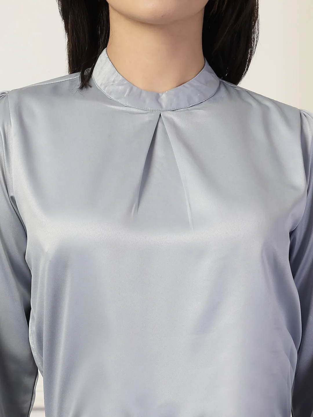 Style Quotient Women Solid Light Grey Satin Regular Pleated Top