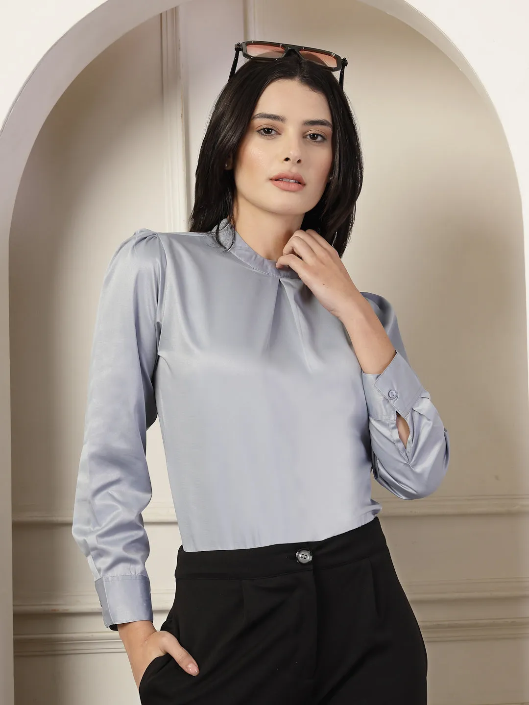 Style Quotient Women Solid Light Grey Satin Regular Pleated Top