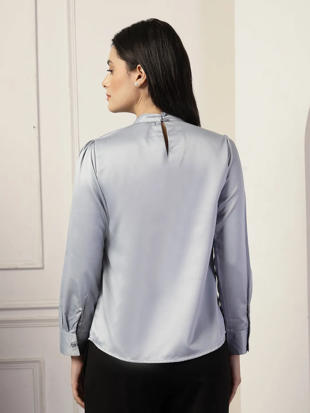 Style Quotient Women Solid Light Grey Satin Regular Pleated Top