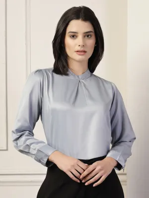 Style Quotient Women Solid Light Grey Satin Regular Pleated Top