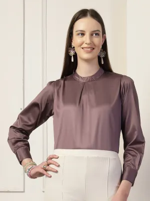 Style Quotient Women Solid Mauve Satin Regular Pleated Top