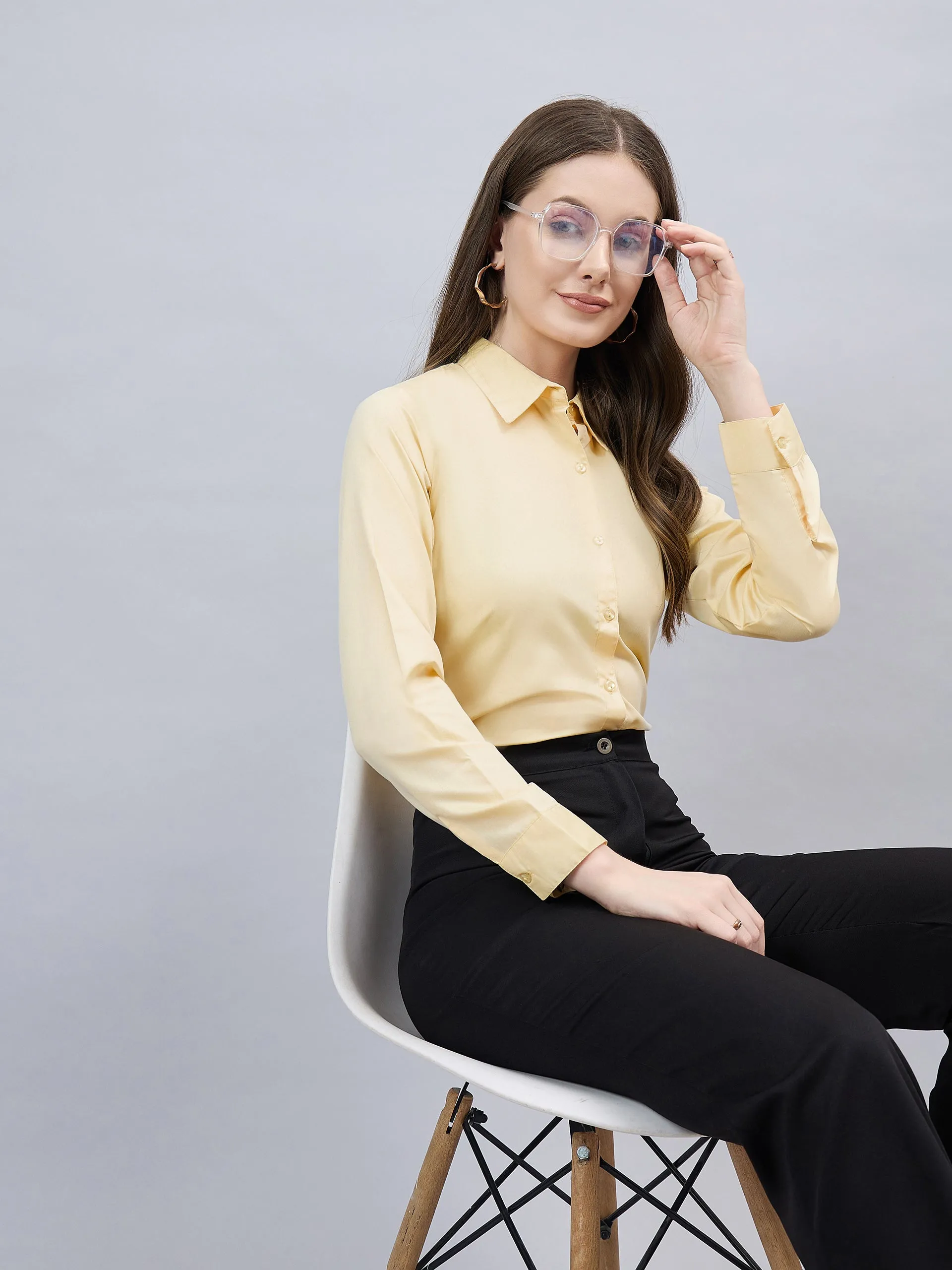 Style Quotient Women Solid Yellow Chambrey Regular Formal Shirt