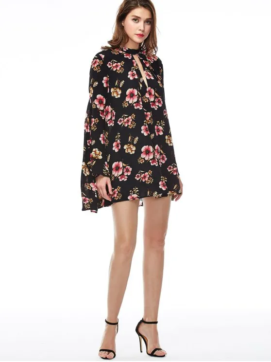 TastyHottie - Fashion Keyhole Cutout Floral Print Swing Dress