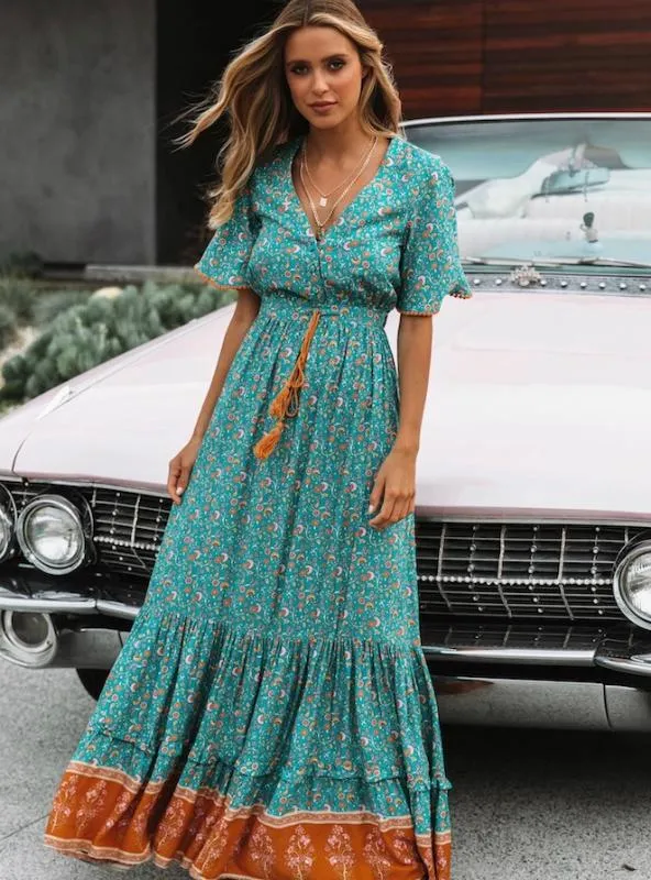 TastyHottie - V-Neck Short Sleeve Ruffled Long Maxi Dress