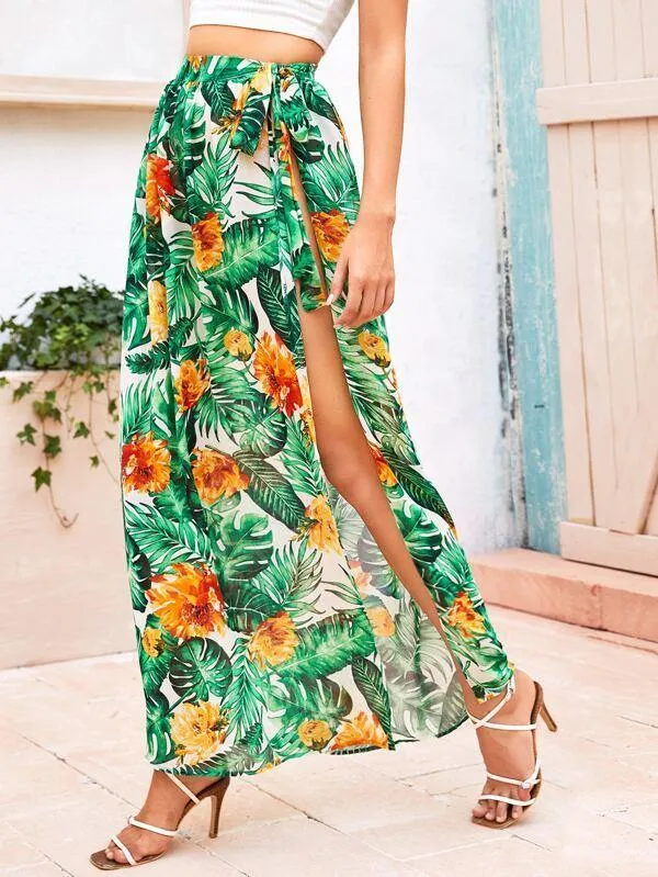 Tie Waist Tropical Print Skirt