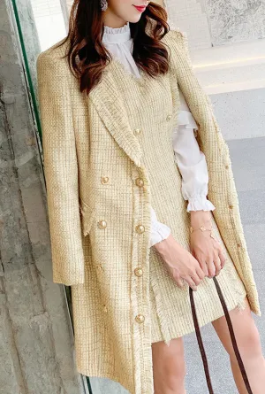 Tweed Long Coat & Midi Vest Dress Two Piece Set