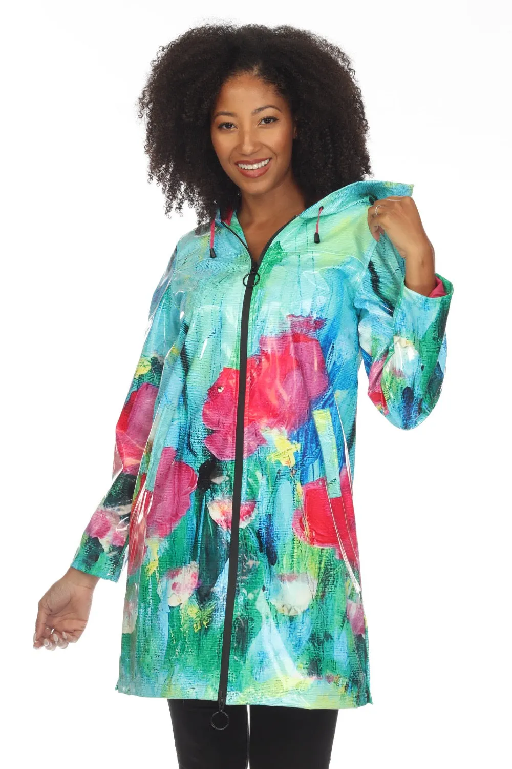 UBU Clothing Co. Bella Vita Printed Zip Front Hooded Vinyl Rain Slicker Coat 23024APU