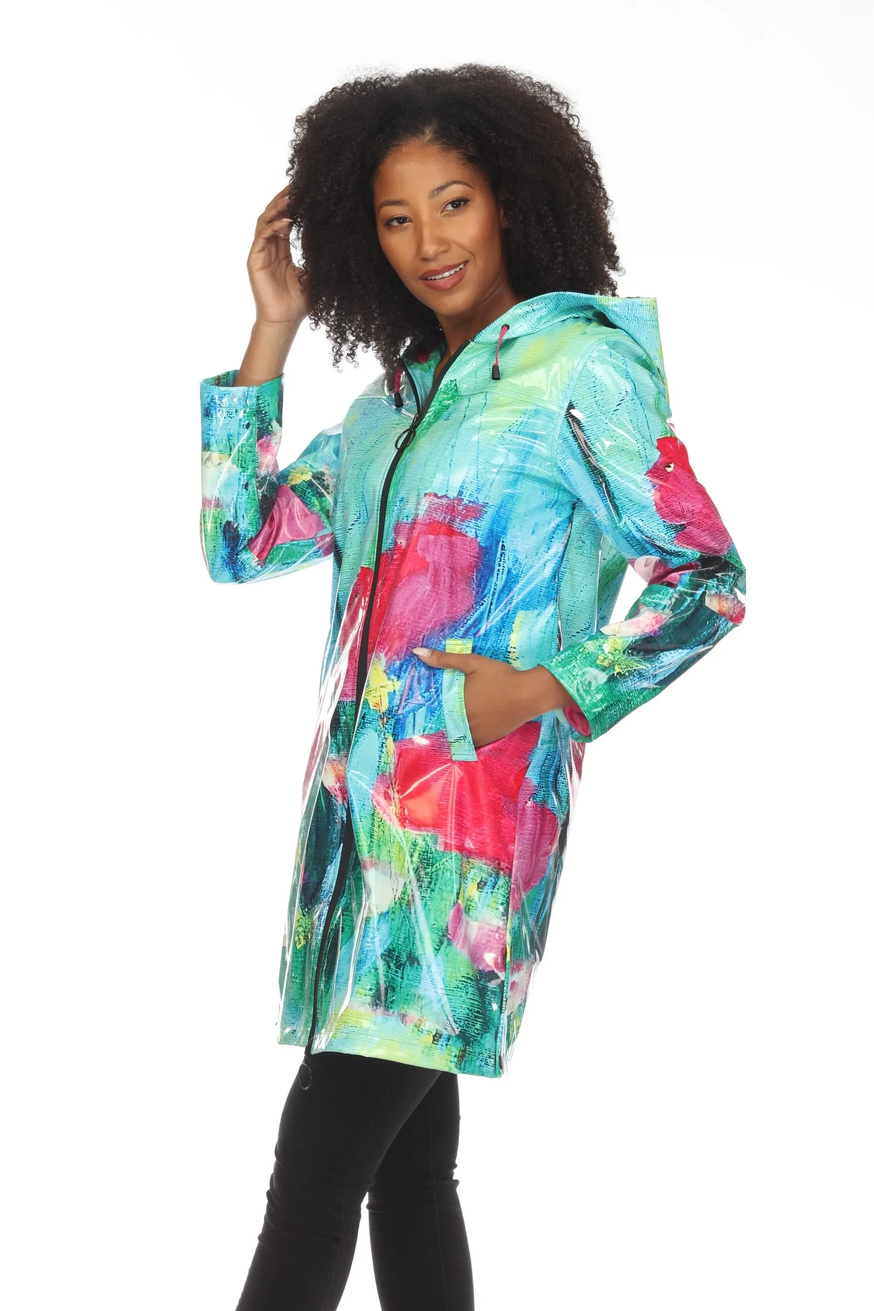 UBU Clothing Co. Bella Vita Printed Zip Front Hooded Vinyl Rain Slicker Coat 23024APU