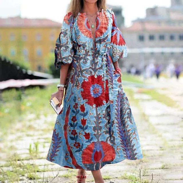 VenusFox Spring Tribal Print Women Long Dresses V-Neck Puff Sleeve Tassel Vacation Ladies Dress 2021 Casual Loose Female Clothes