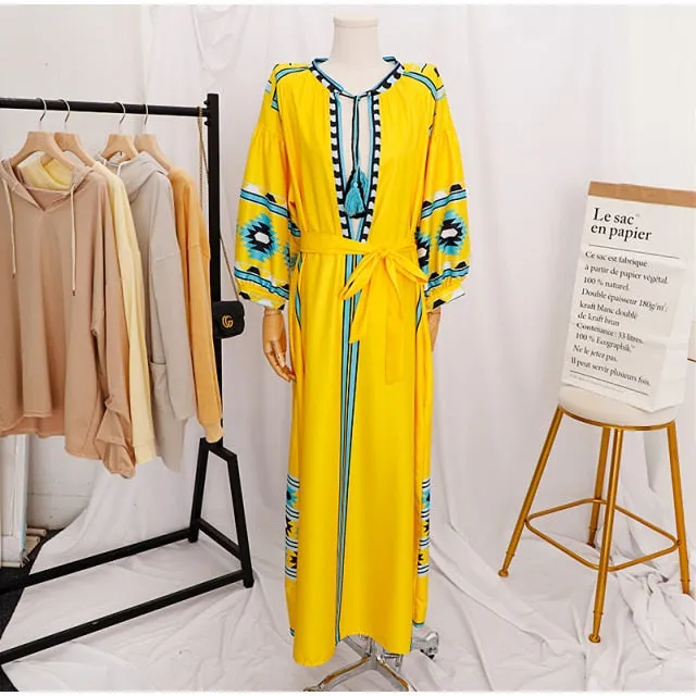 VenusFox Spring Tribal Print Women Long Dresses V-Neck Puff Sleeve Tassel Vacation Ladies Dress 2021 Casual Loose Female Clothes