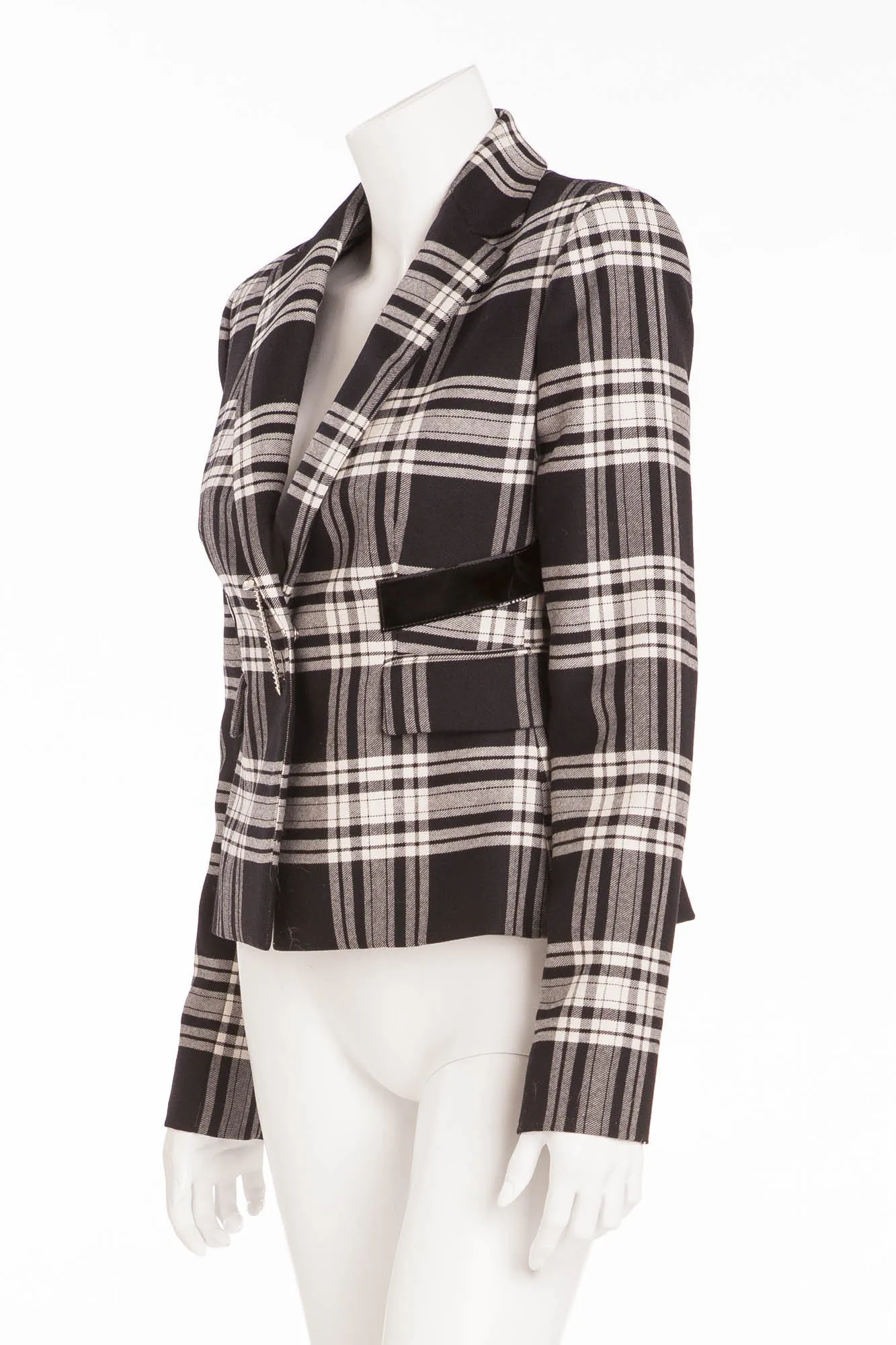 Versace - Patent Leather Trim Plaid Wool Twill Blazer  - IT 42