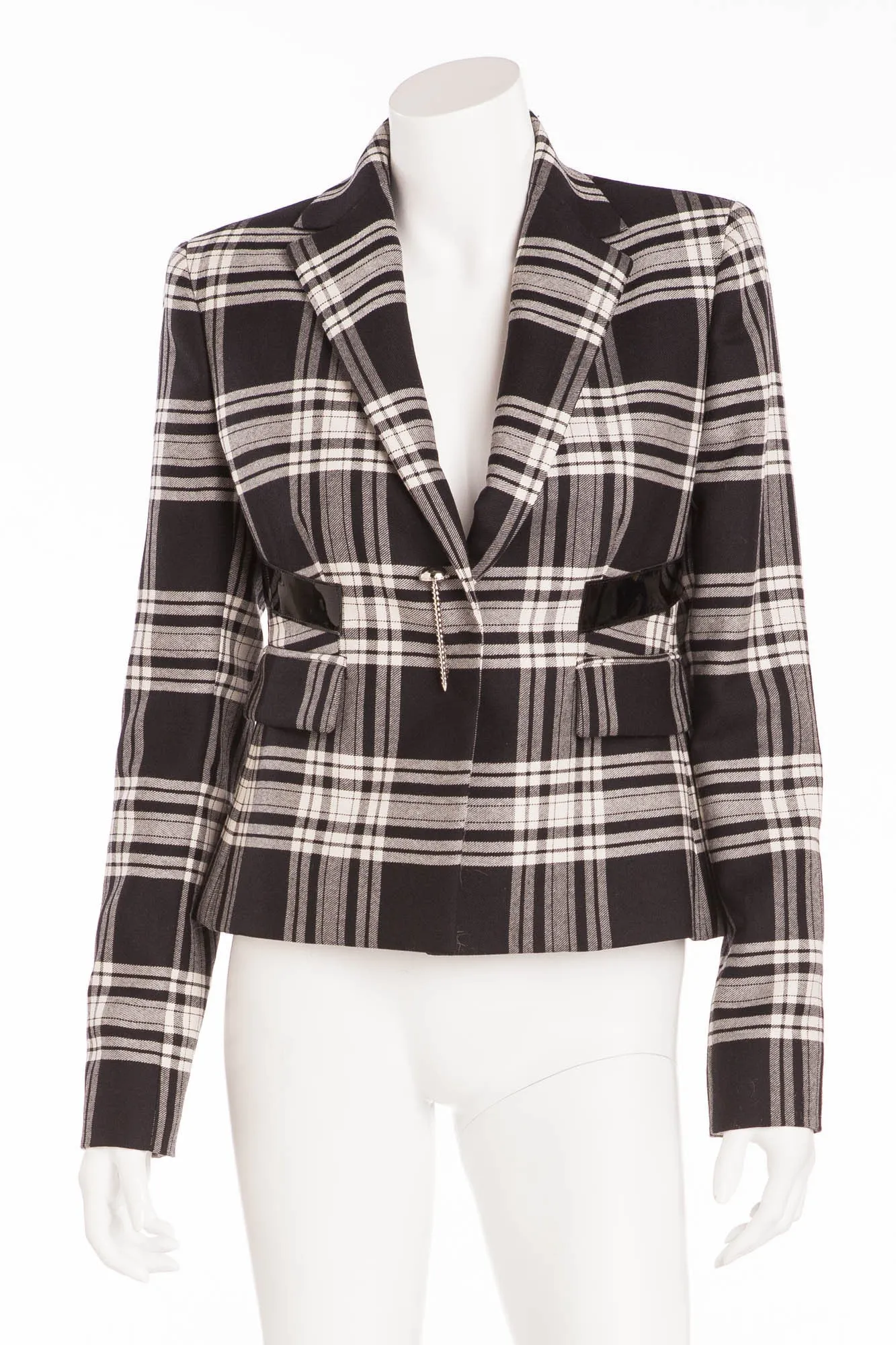 Versace - Patent Leather Trim Plaid Wool Twill Blazer  - IT 42