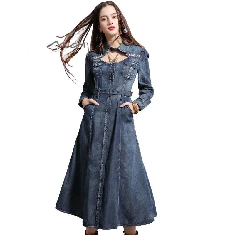 Vintage Embroidery Belted High Waist Denim Boho Dress