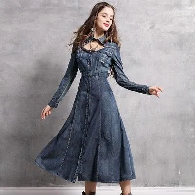 Vintage Embroidery Belted High Waist Denim Boho Dress