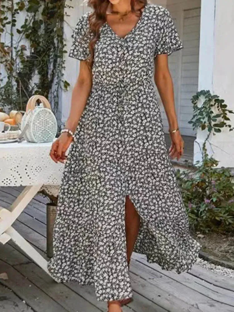 Vintage Floral Elegant Loose Slit Summer Beach Holiday Leisure High Waist Print A-Line Dress