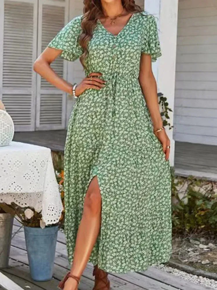 Vintage Floral Elegant Loose Slit Summer Beach Holiday Leisure High Waist Print A-Line Dress