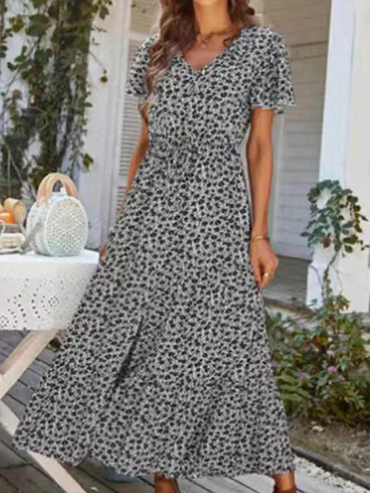 Vintage Floral Elegant Loose Slit Summer Beach Holiday Leisure High Waist Print A-Line Dress