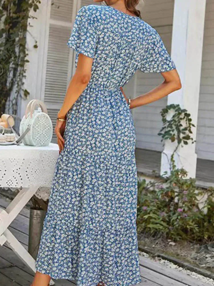 Vintage Floral Elegant Loose Slit Summer Beach Holiday Long Print A-Line Dress