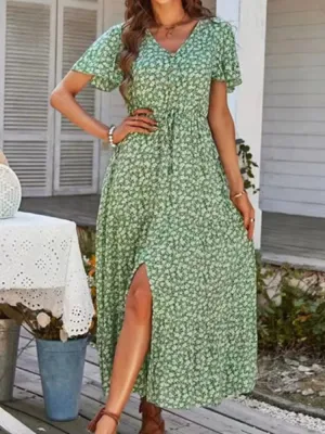 Vintage Floral Elegant Loose Slit Summer Beach Holiday Long Print A-Line Dress