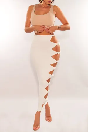 White High Waist Cut Out Knotted Slit Skirt