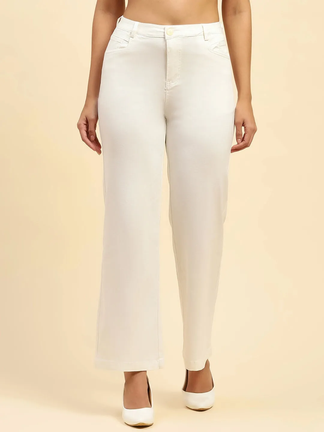 White Solid Cotton Blend Straight Fit Trouser